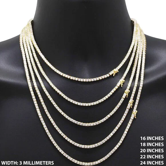 14k Yellow/White Gold Black GP CZ 3mm Tennis Chain Necklace Bracelet 6.5”-24”